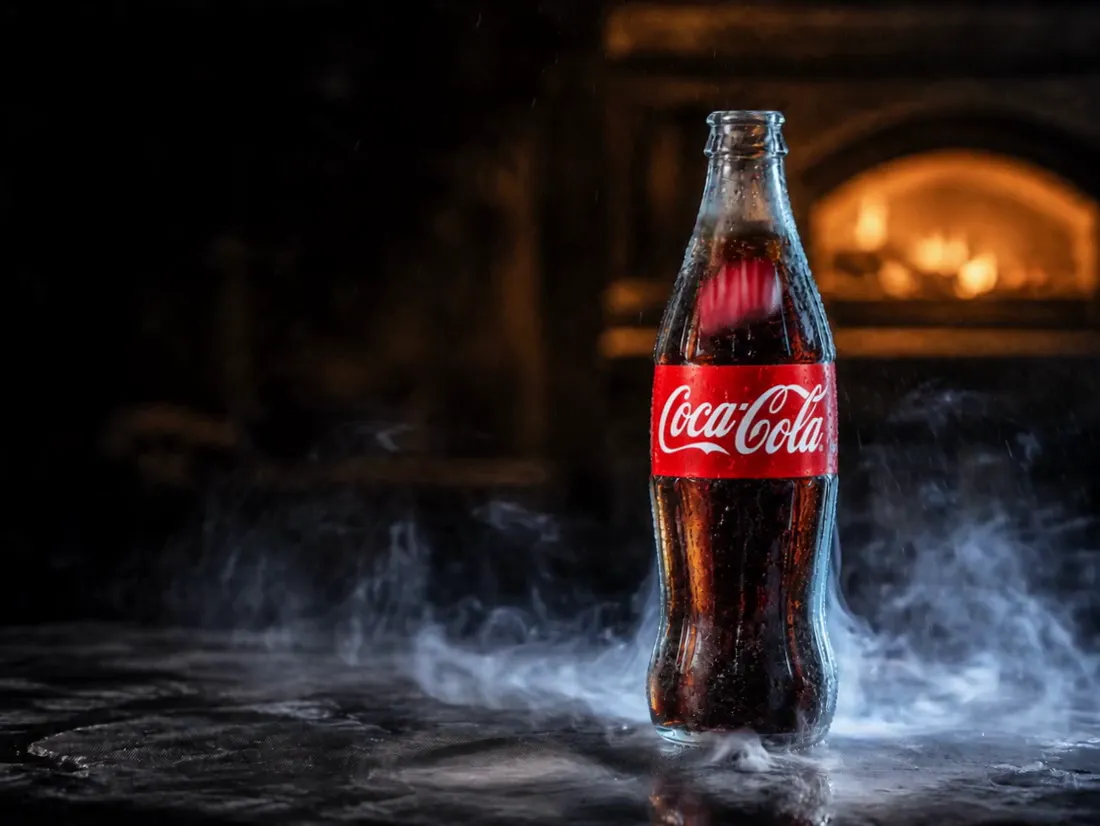 Eiskalte Coca-Cola-Flasche mit Kondensation, bereit zum Servieren