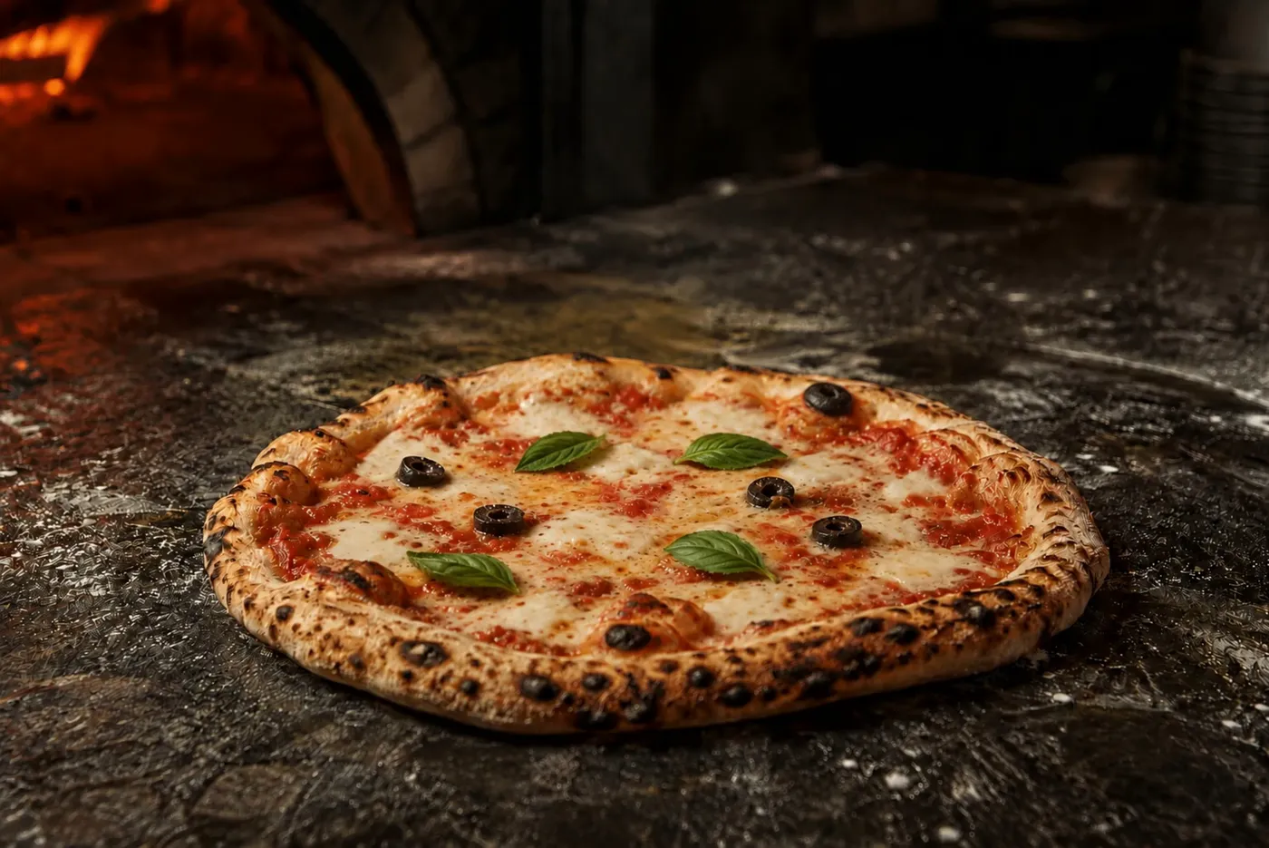 Fertige Steinofenpizza mit Mozzarella, Oliven und Basilikum, direkt aus dem Ofen